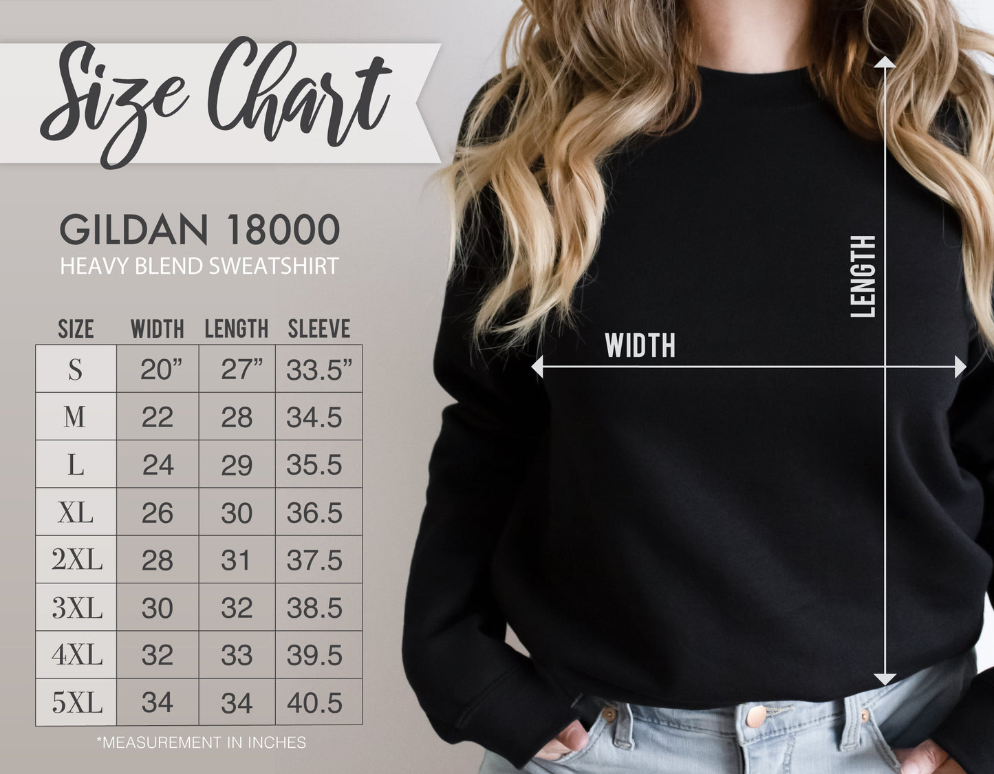 Size chart- Gildan 18000 unisex sizing